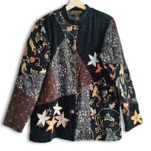 ALEX XU Embroidered Applique Floral Beaded Button-Up Velvet Blazer Jacket Sz L P